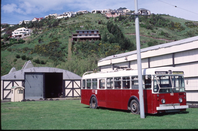 125822:  Ferrymead Terminus ex Wellington Trolley Bus 103 Note funicular beside house in background