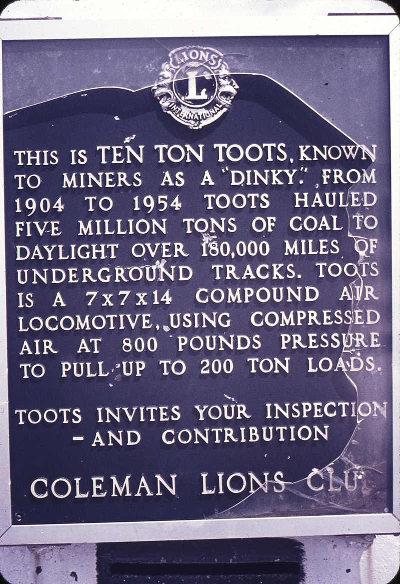 110470: Coleman AB Plaque on 3 0 gauge Compressed Air Mine Locomotive