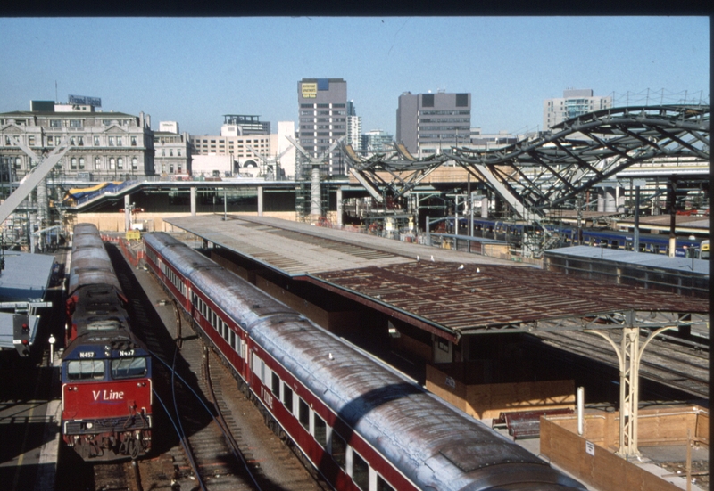 129706: Spencer Street N 457 on stabled train at Platform No 3 viewed from Bourke Street Bridge