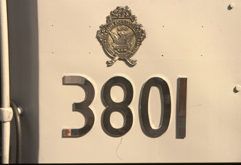 130799: Gosford Clyde Maker's Plate 463-1943 and Cabside Number Plates on 3801