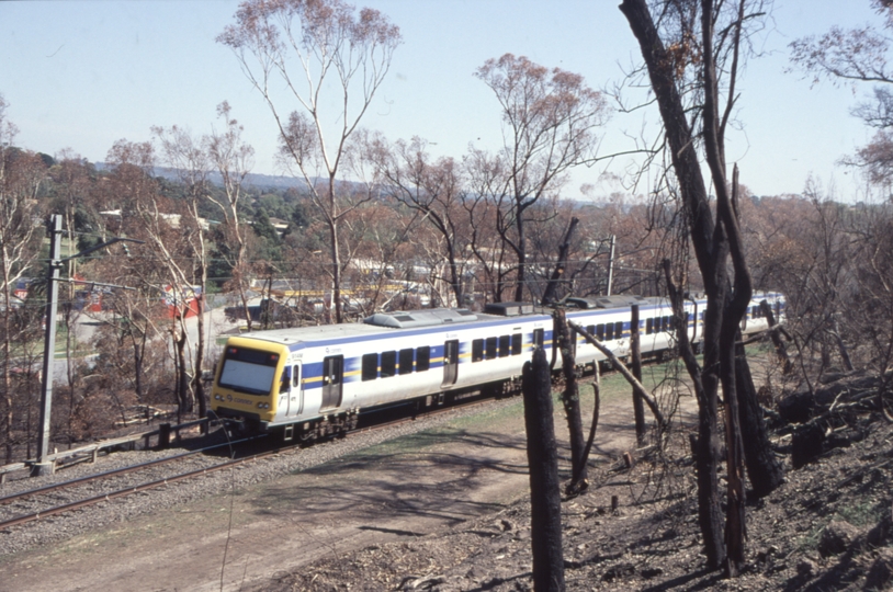 133340: Upper Ferntree Gully (up side), Suburban from Belgrave 3-car X'Trapolis 914 M trailing Trees Burnt by Black Saturday Fire