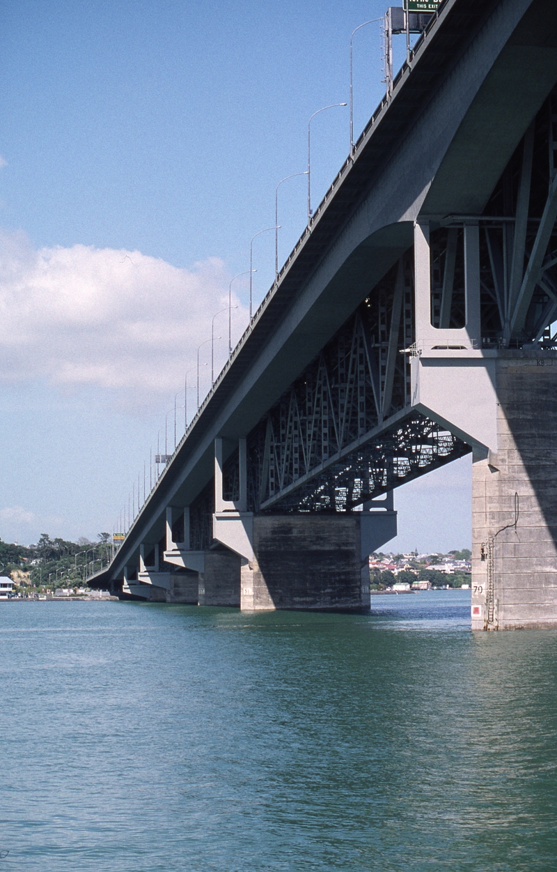 400826: Auckland Harbour Bridge North Island NZ City approach showing cantilevered road widening